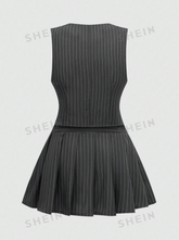 Striped Single-Breasted Vest And Skirt Set